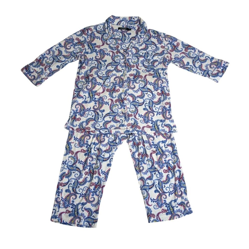 Lauren Ralph Lauren Womens Paisley Pajama Set M Blue & White Cotton Lounge Wear